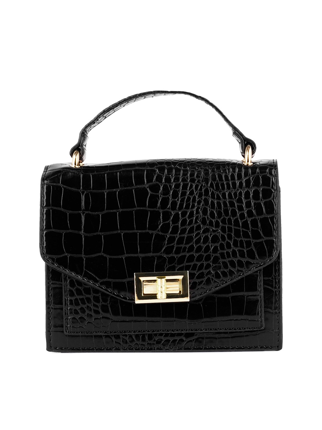 

London Rag Black Textured PU Structured Handheld Bag with Cut Work