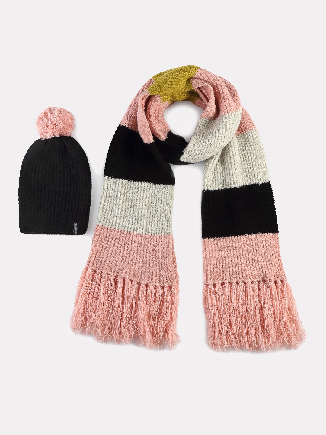 

513 Women Black & Pink Colourblocked Knitted Muffler with Beanie