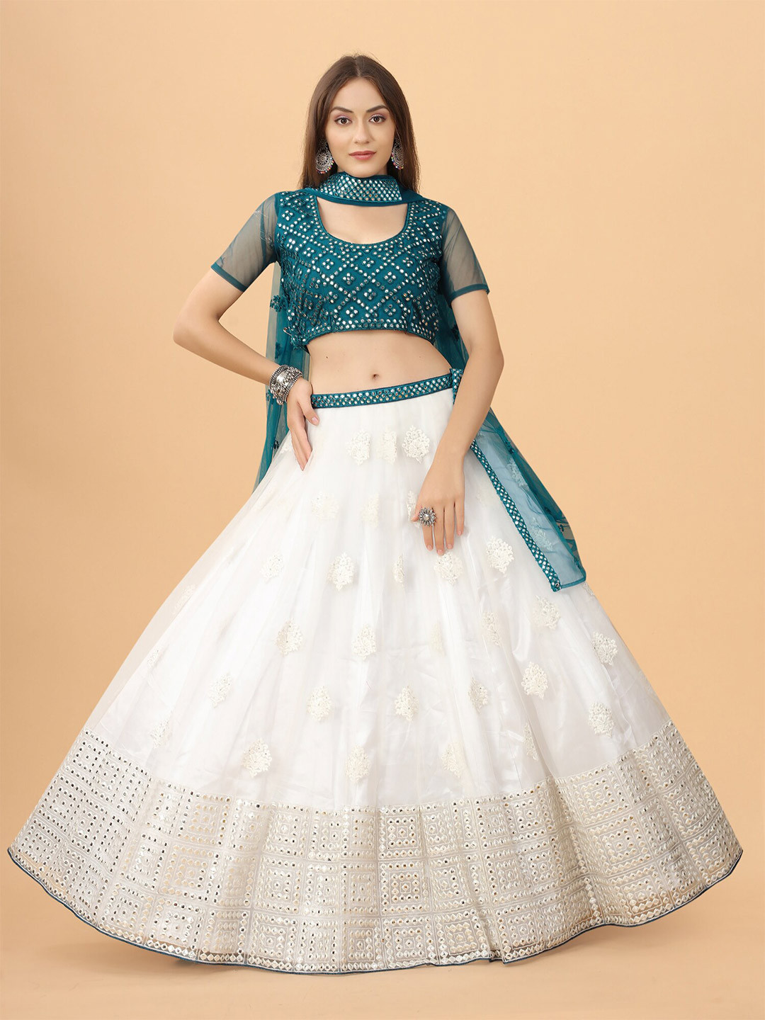 

ASPORA Women Teal & White Ready to Wear Lehenga & Unstitched Blouse With Dupatta