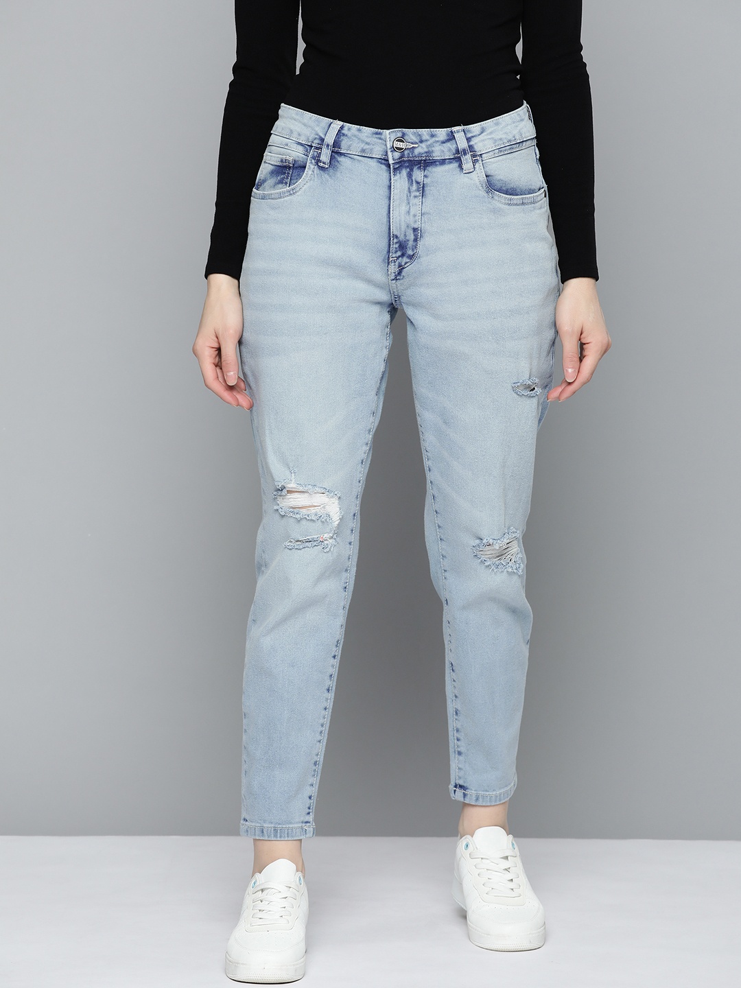 

Mast & Harbour Women Blue Light Fade Mom Fit Stretchable Ripped Jeans
