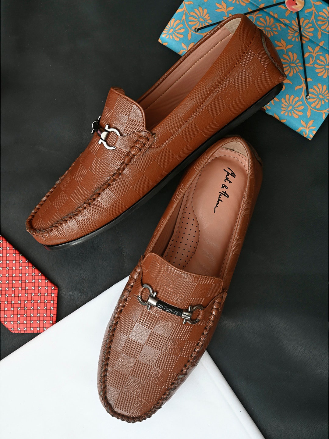 

Mast & Harbour Men Tan Self Design Textured PU Horsebit Loafers