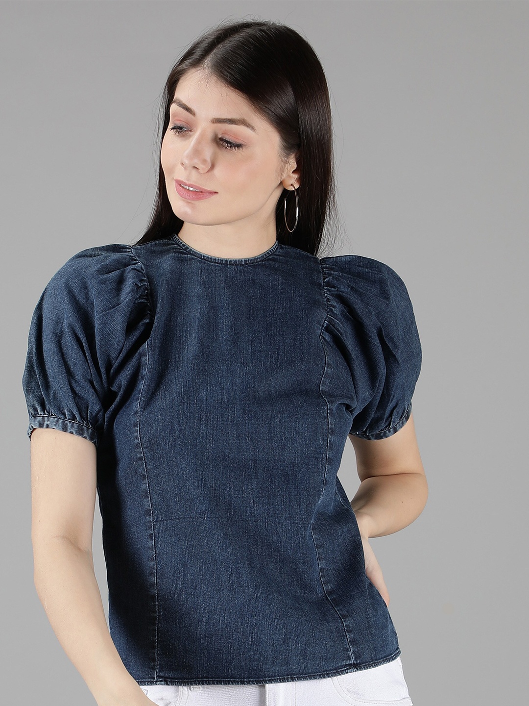 

Amagyaa Women Navy Blue Indigo Solid Denim Top