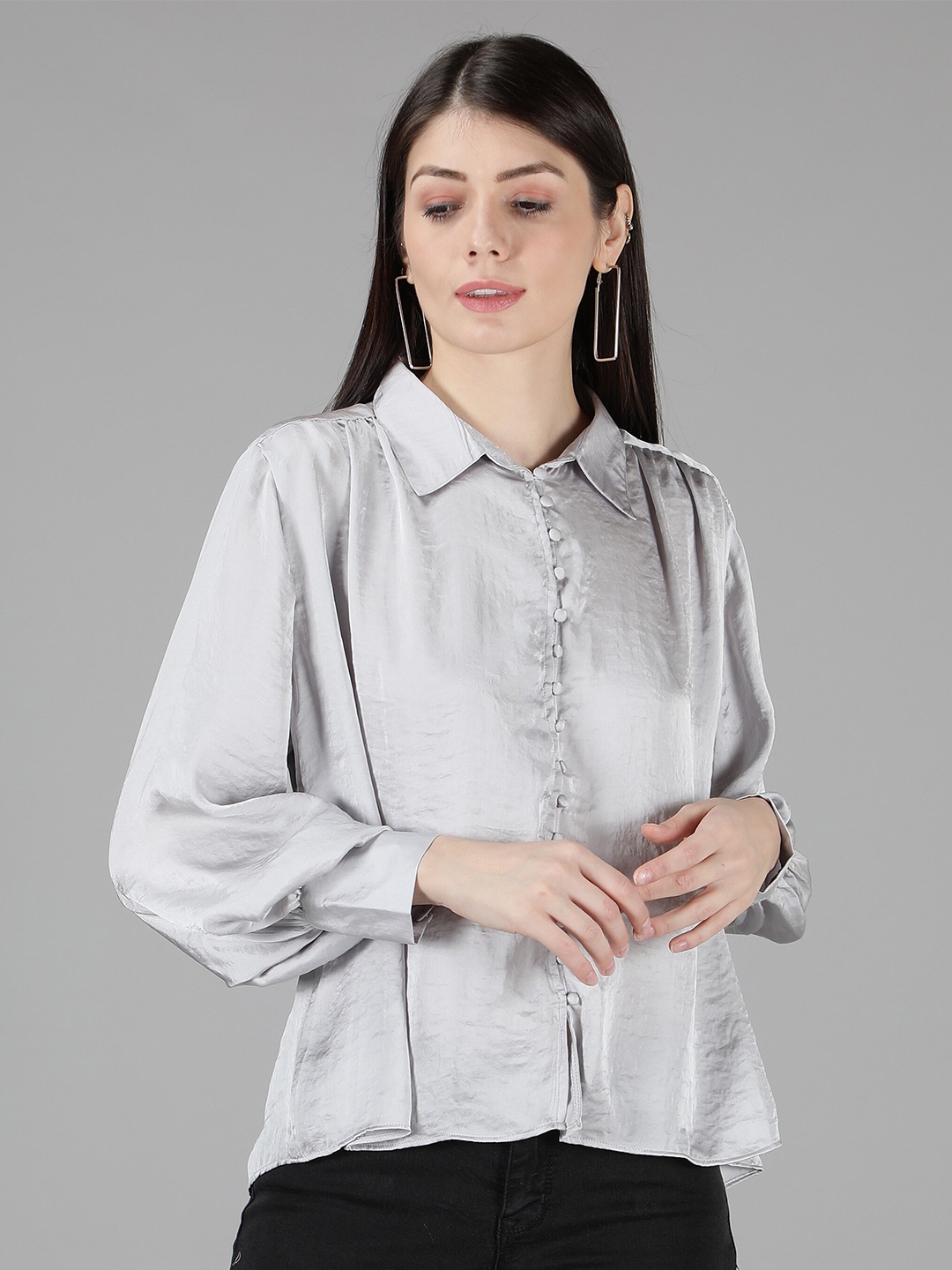 

Amagyaa Women Silver-Toned Satin Shirt Style Top