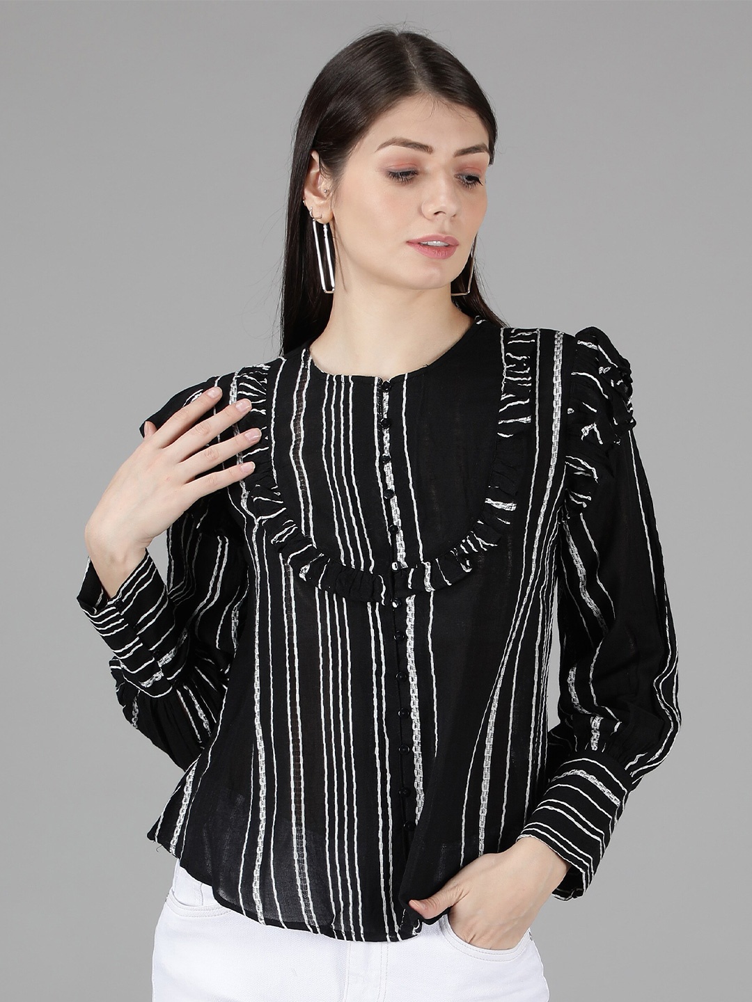 

Amagyaa Black & White Striped Ruffles Top