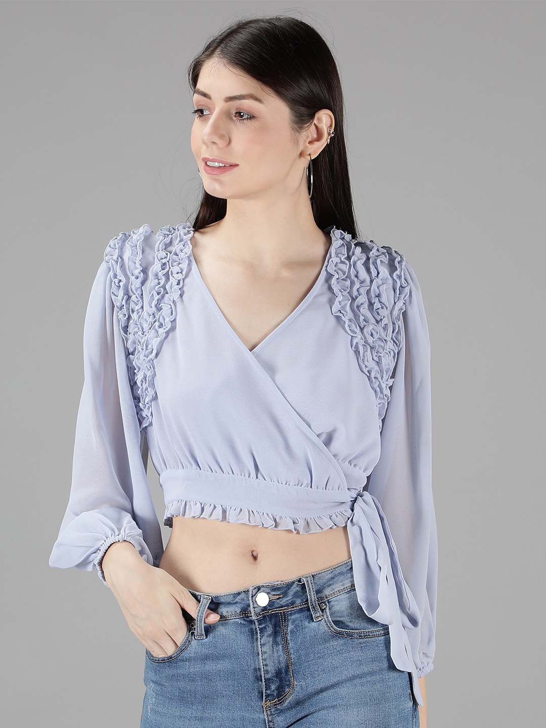 

Amagyaa Blue Georgette Wrap Crop Top