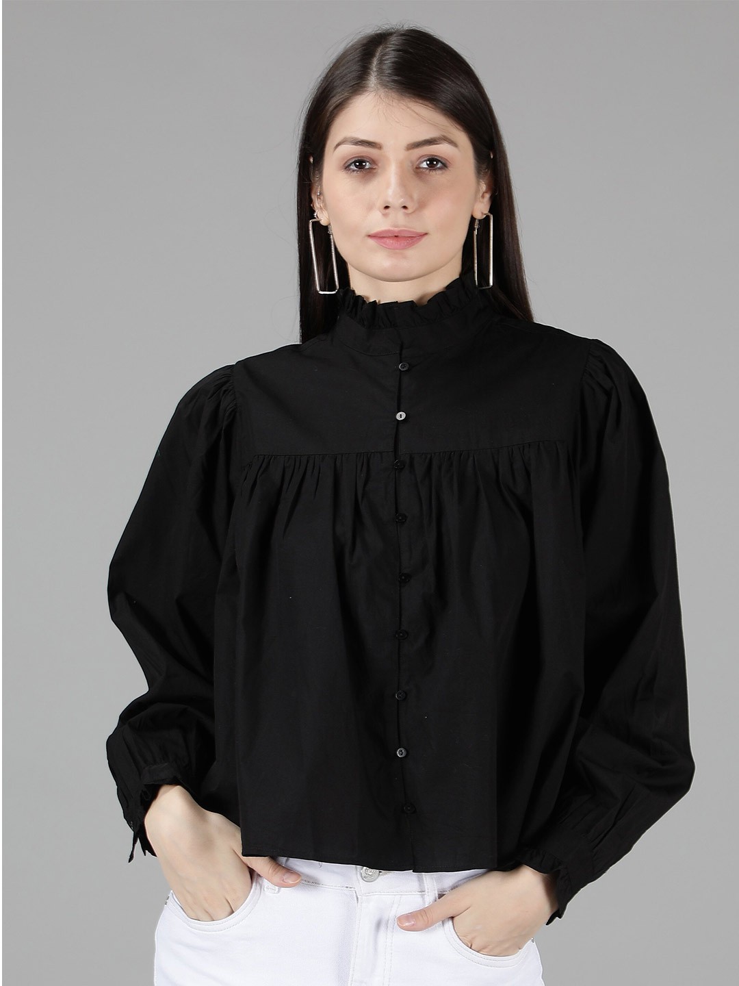 

Amagyaa Women Black Solid Puff Sleeve Empire Top
