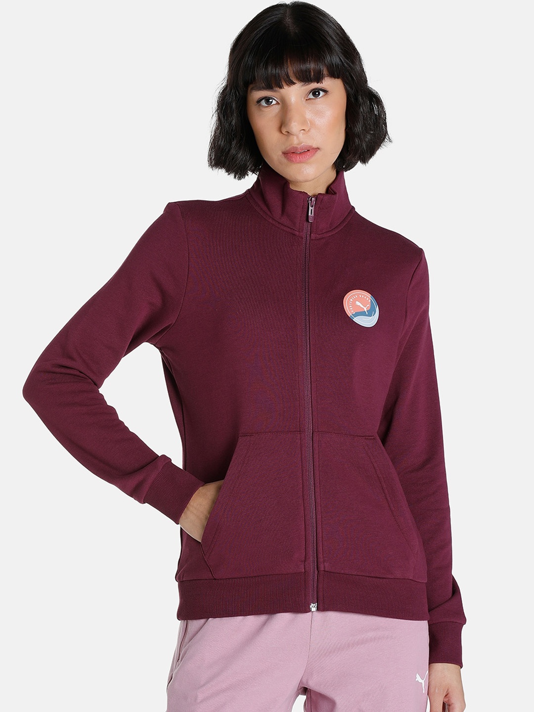 

Puma Women Purple Wavy Graphic Logo Outdoor Relaxed Fit Sporty Jacket