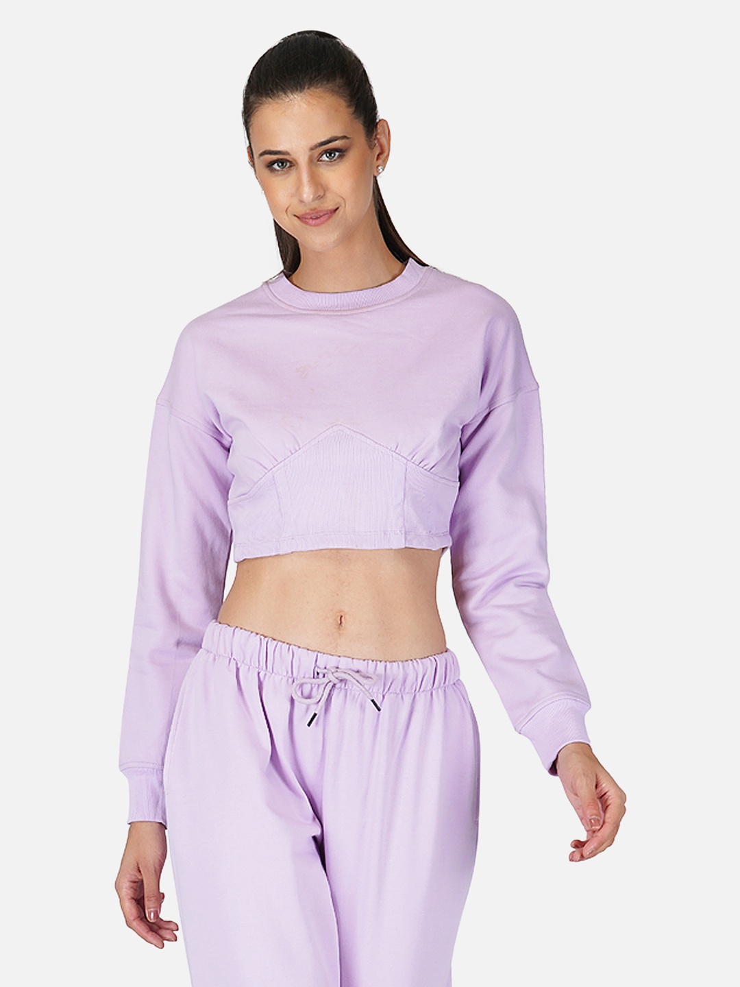 

Tinted Women Lavender Solid Fleece Crop Sweatshirt