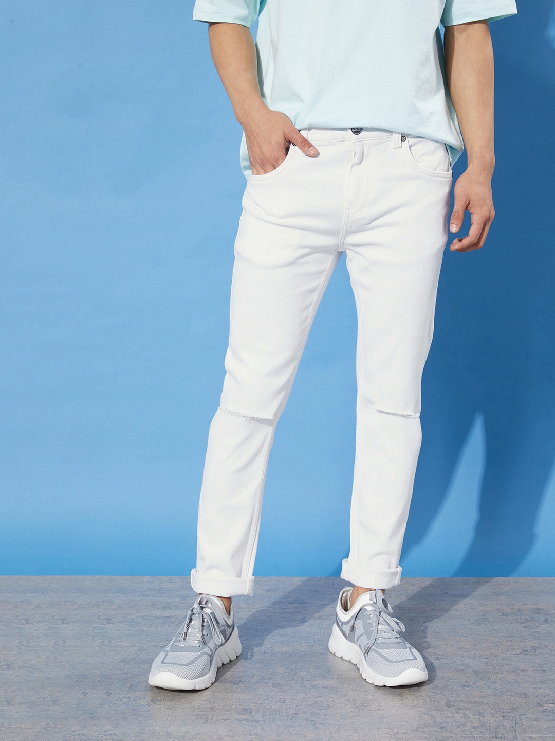 Mast & Harbour Men Off White Skinny Fit Slash Knee Back to College Urban Denim Jeans