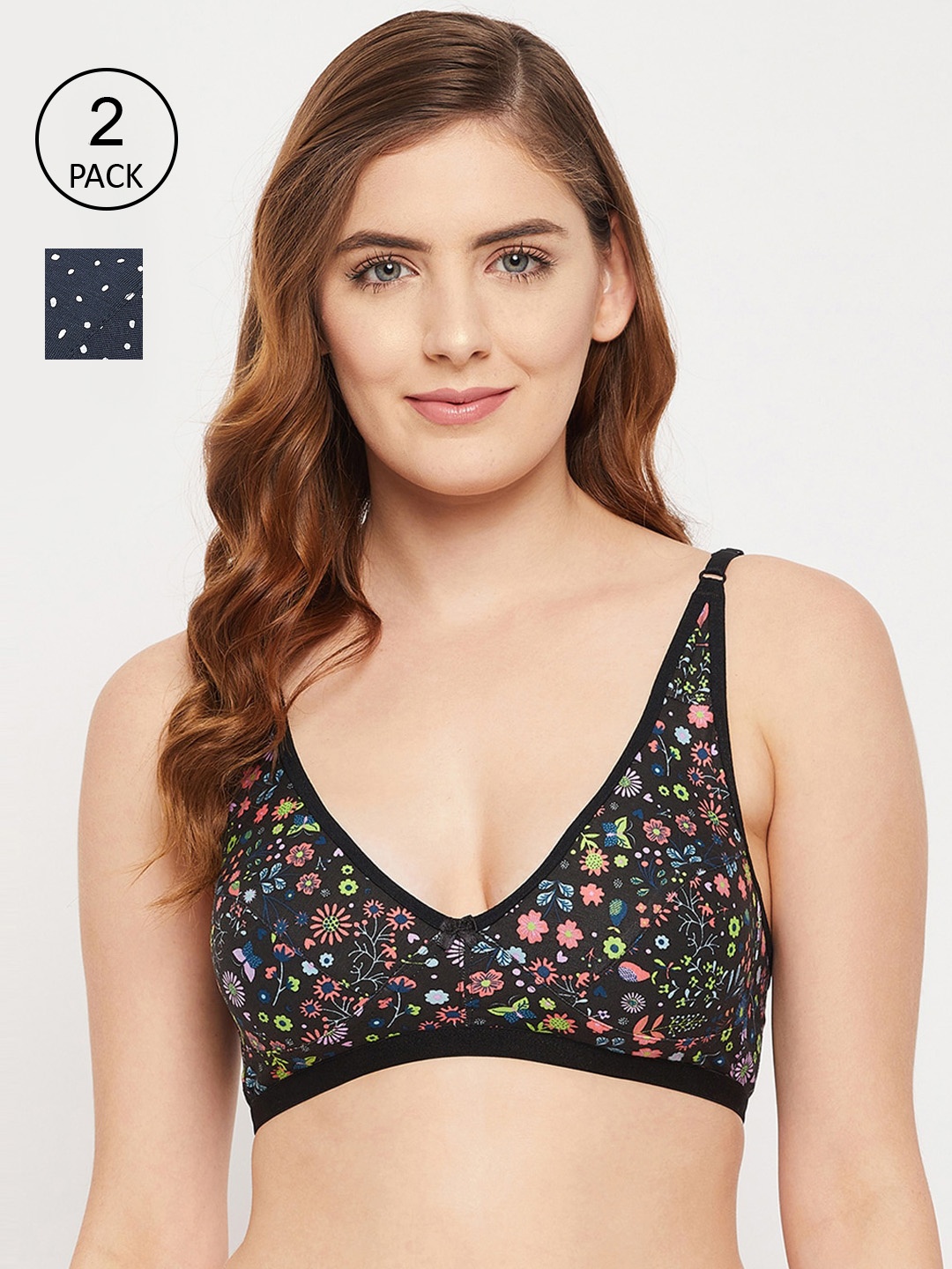 

Clovia Pack of 2 Non-Padded Black & Pink Floral Bras