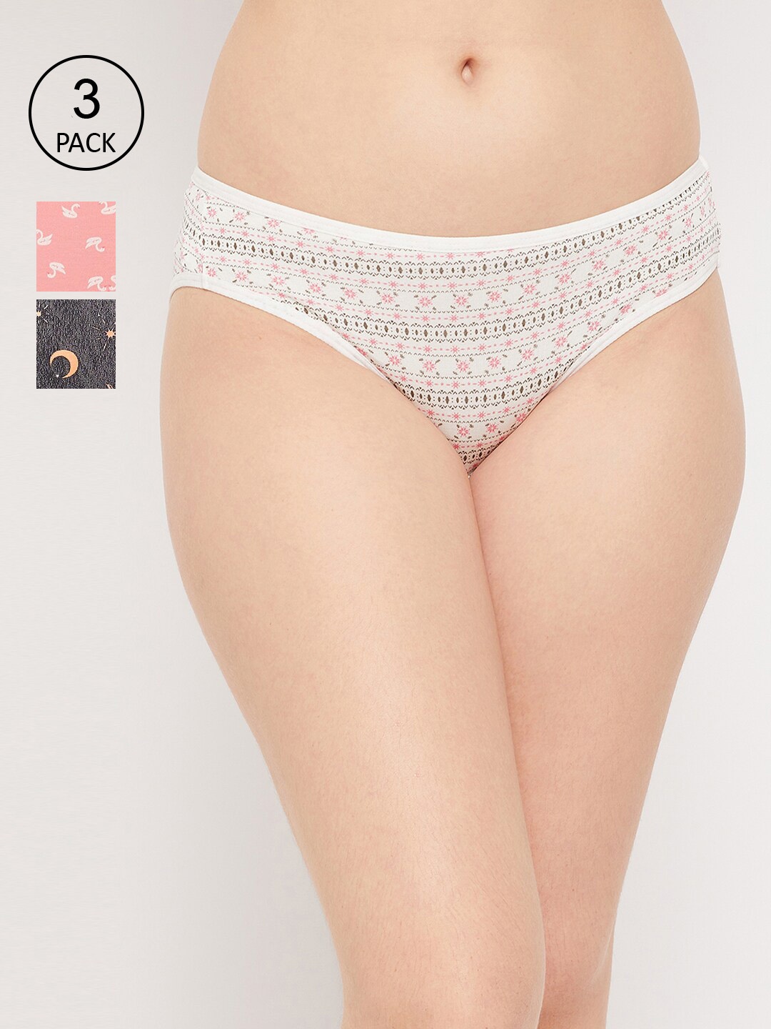 

Clovia Women Pack of 3 White Black & Peach Cotton Low-Waist Printed Bikini Brief