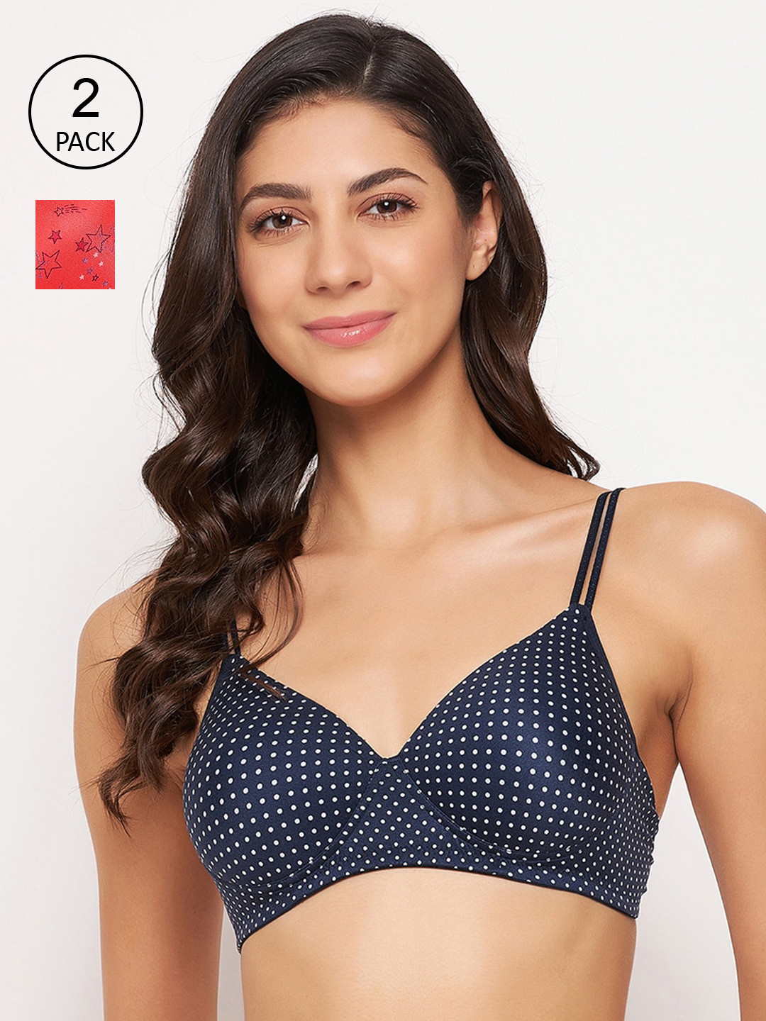 

Clovia Women Pack of 2 Red & Navy Blue Padded Non-Wired Full Cup Printed T-Shirt Bra