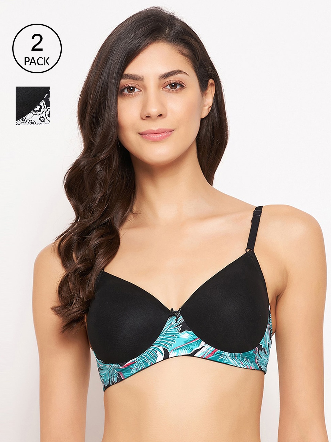 

Clovia Pack of 2 Black & Green Lightly Padded Floral Bra COMBR111532B-Multi