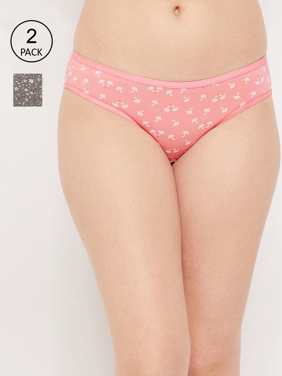 

Clovia Women Pack Of 2 Pink & Grey Printed Cotton Low-Rise Bikini Briefs