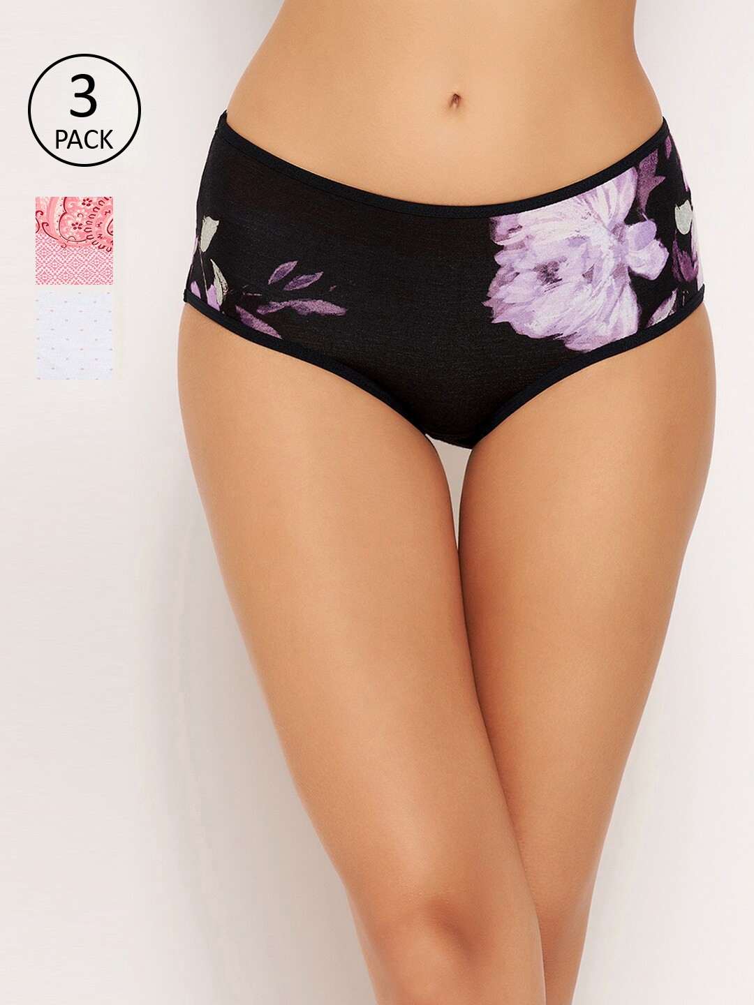 

Clovia Women Pack Of 3 Printed Cotton Mid-Rise Hipster Briefs COMPN1696S, Black