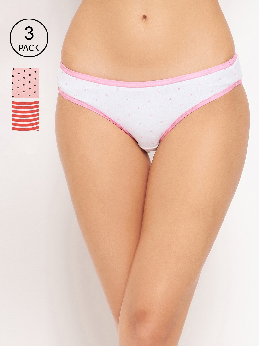

Clovia Women Pack of 3 Pink Red & White Printed Cotton Low-Waist Bikini Brief
