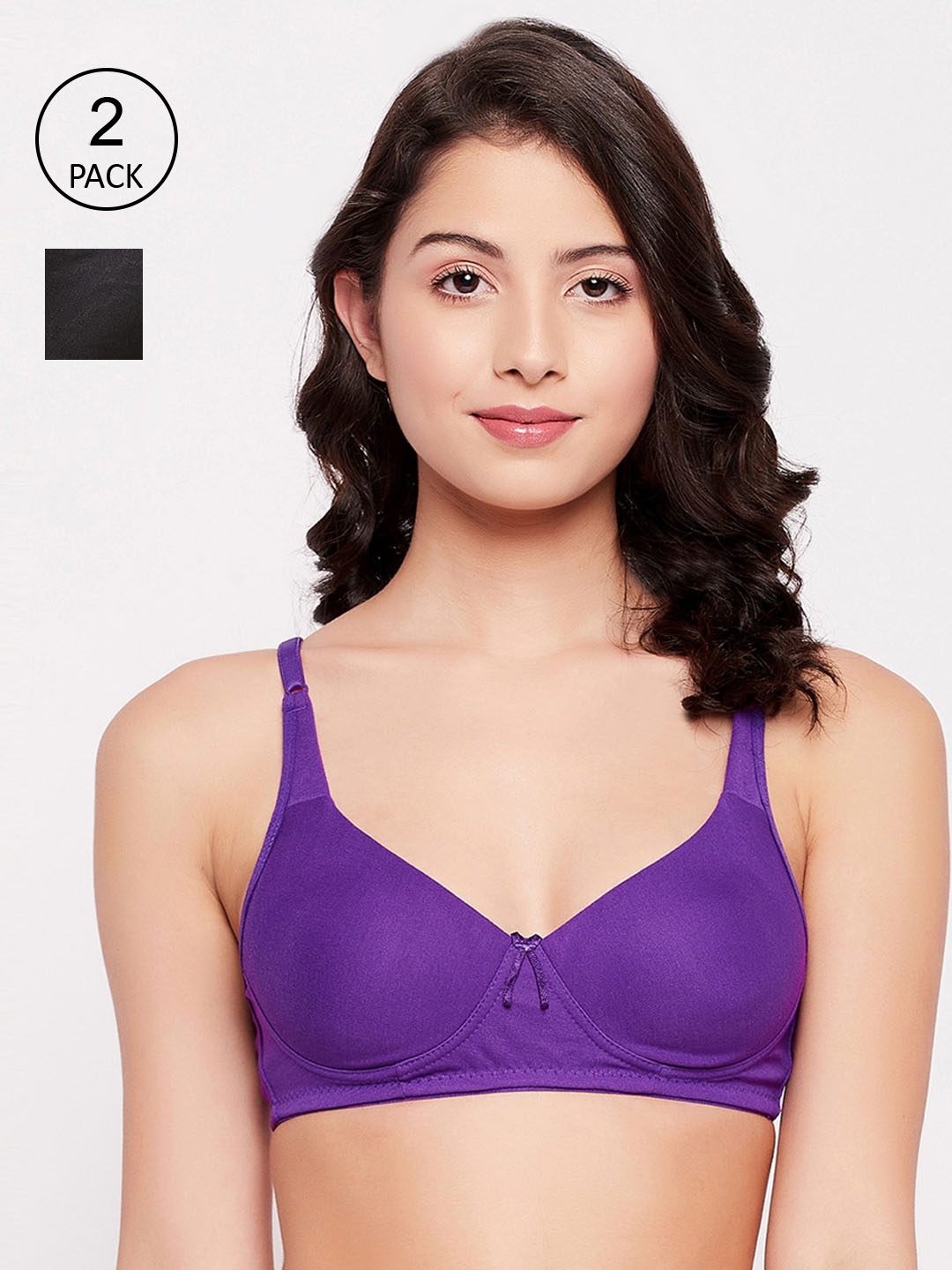 

Clovia Pack Of 2 Violet & Black Cotton Non Padded Bra