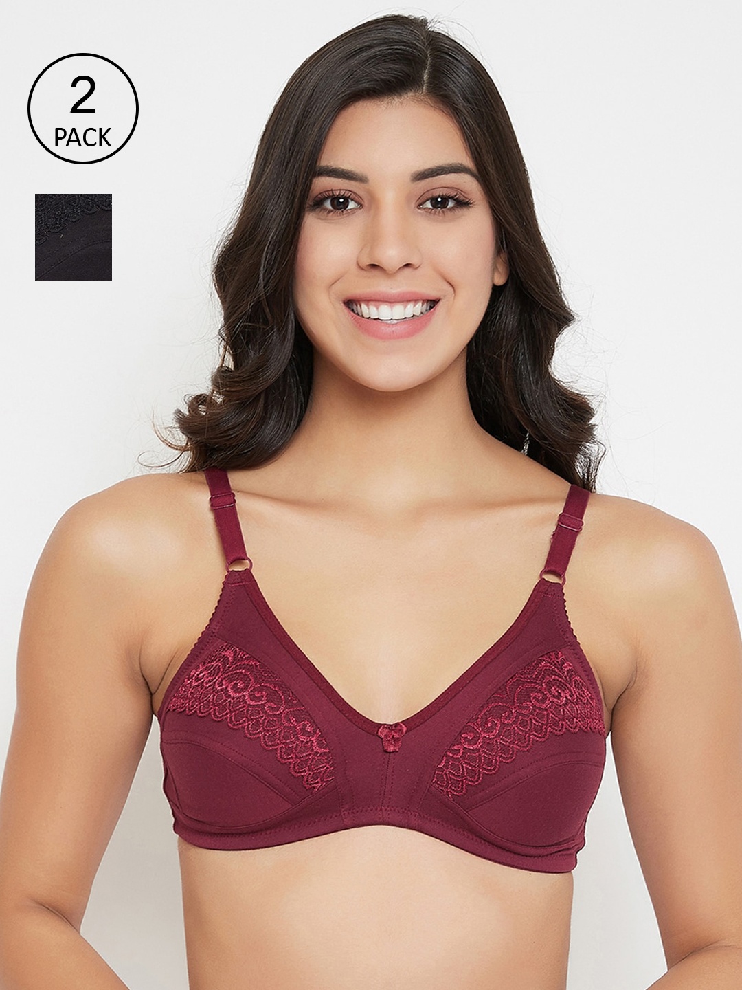 

Clovia Women Pack Of 2 Burgundy & Black Self Designed Non-Padded Bra