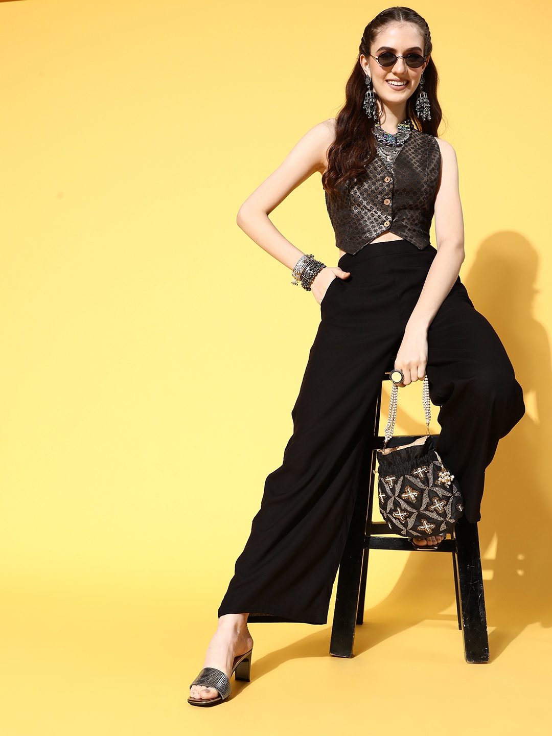 

Moda Rapido Women Black Embellished Top with Solid Palazzos