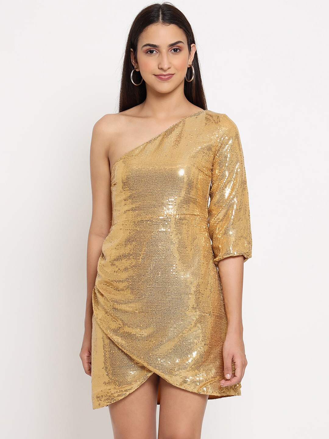 

MARC LOUIS Gold-Toned Embellished Georgette Sheath Dress