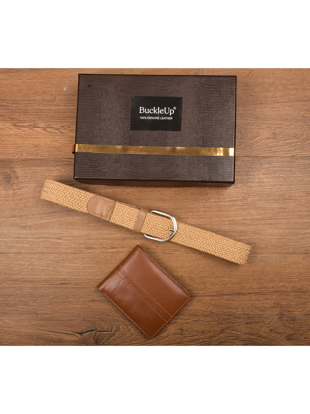 

BuckleUp Men Beige & Tan Colored Textured Wallet & Belt Accessory Gift Set