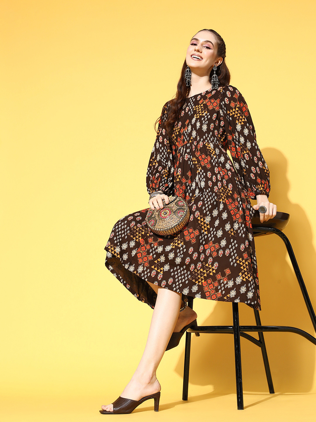 

Moda Rapido Women Chic Brown Viscose Rayon Sleeve Bounce Ethnic Dress