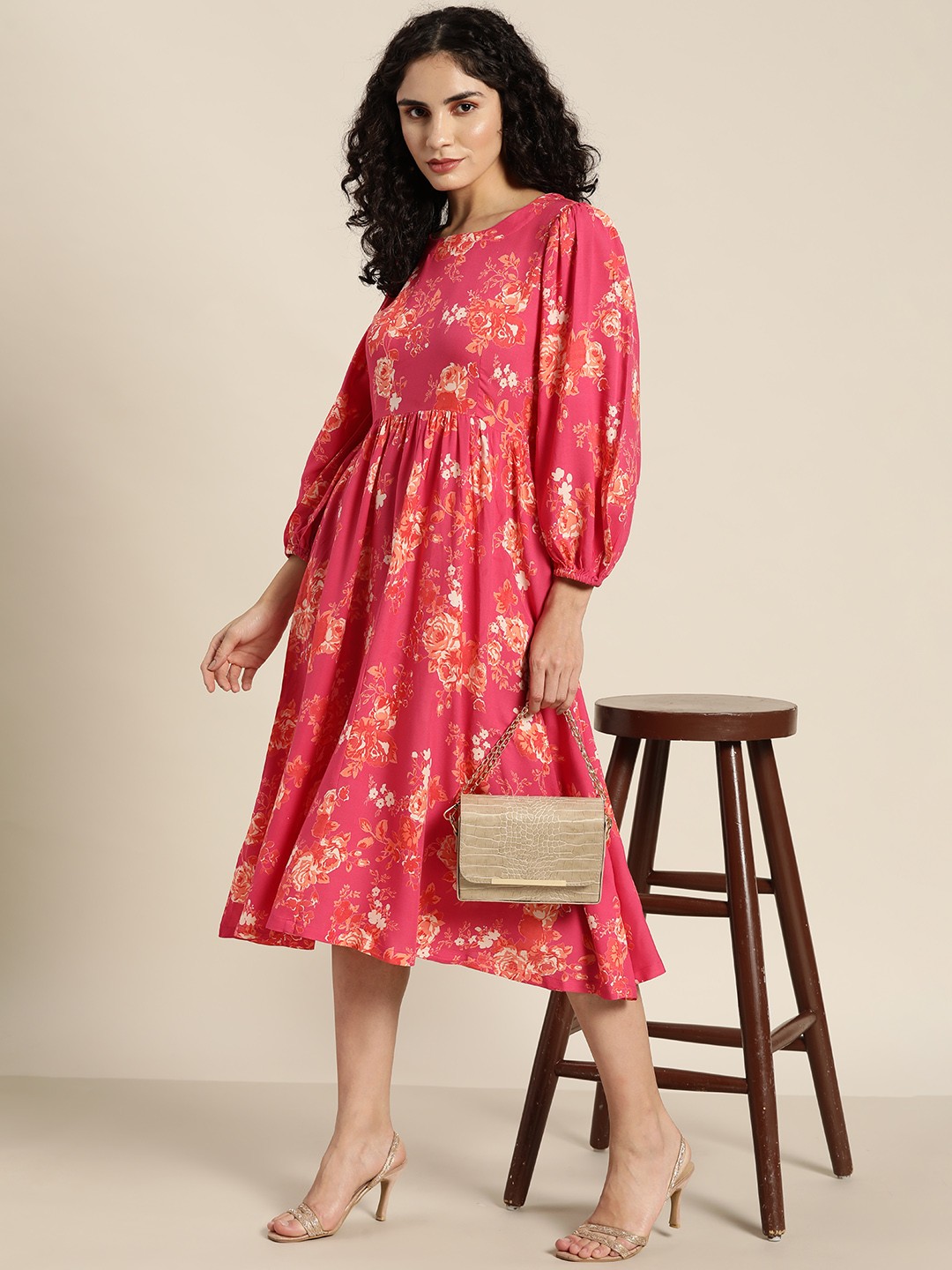 

Moda Rapido Pink & Cream-Coloured Floral A-Line Midi Dress
