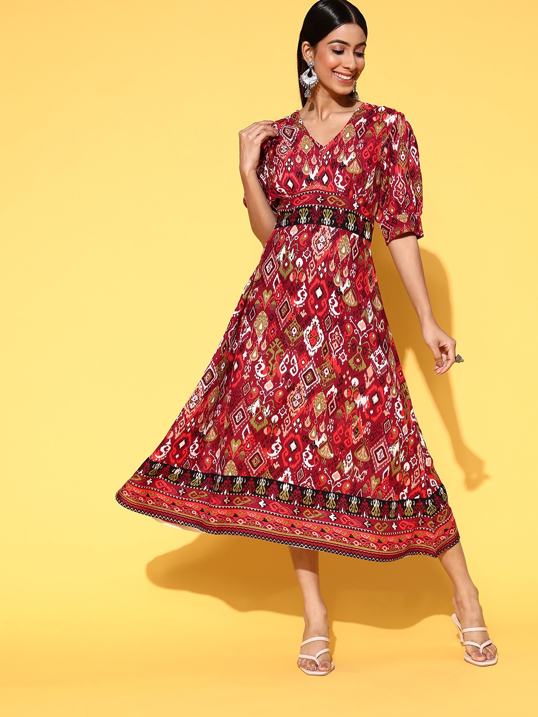 

Moda Rapido Maroon & White Printed A-Line Dress