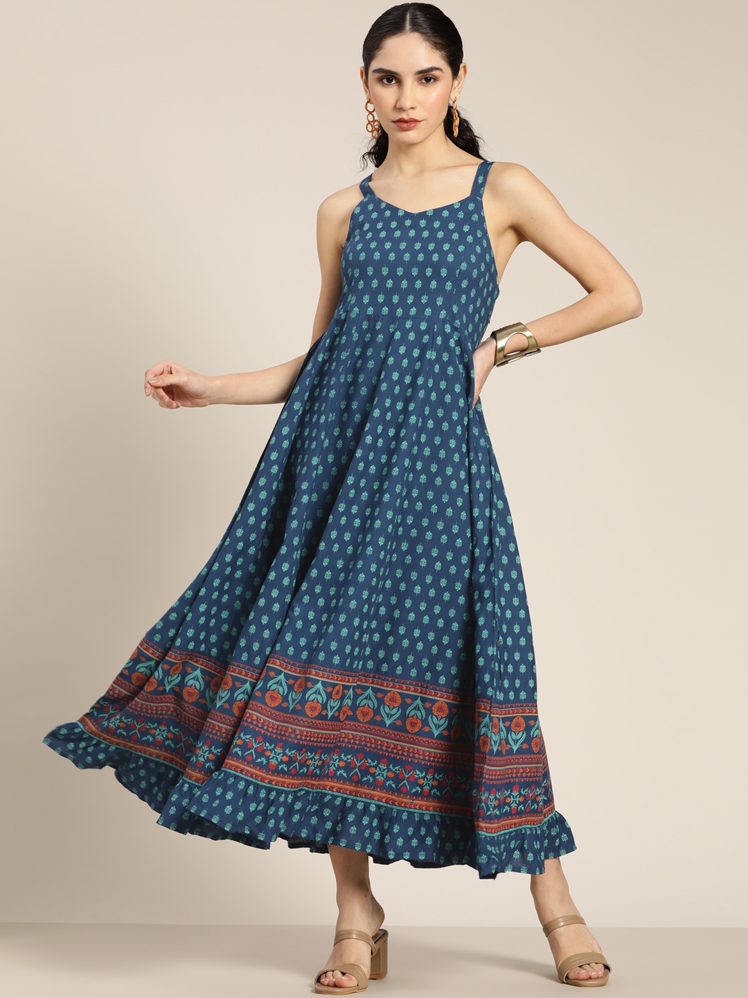 

Moda Rapido Women Navy Blue & Green Ethnic Print Maxi Ethnic Dress