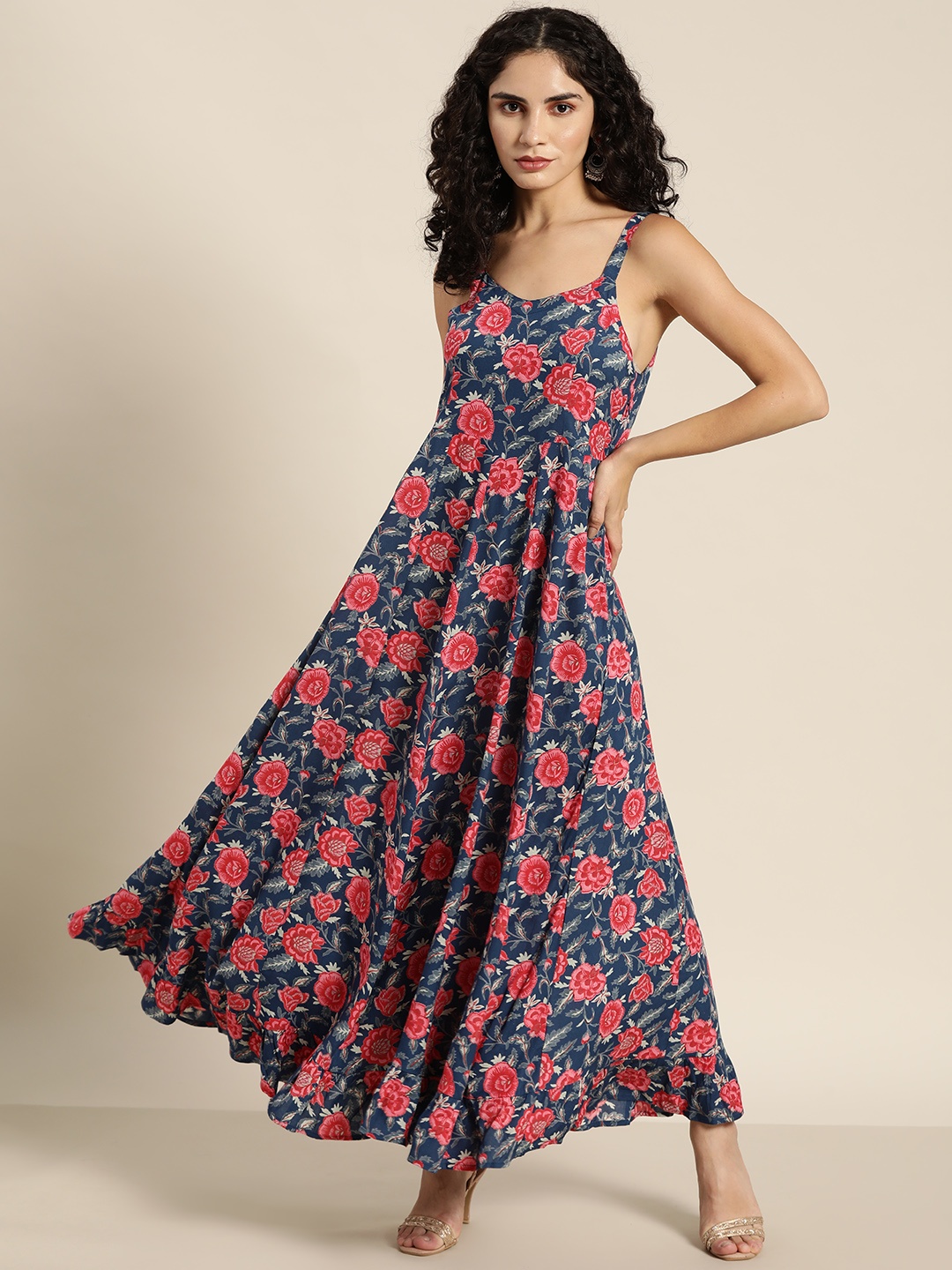 

Moda Rapido Teal Blue & Pink Floral Maxi Maxi Dress