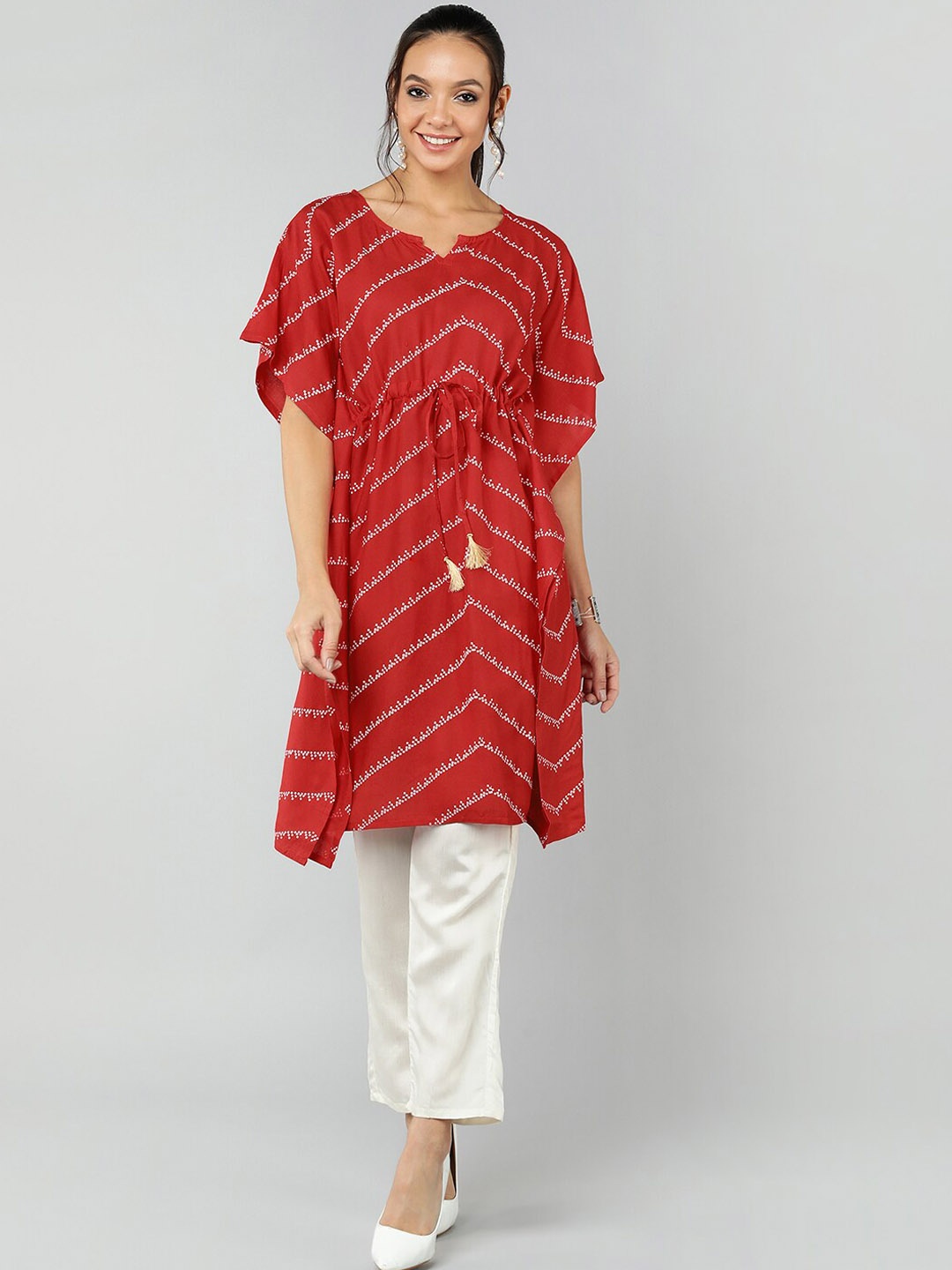 

Jaipur Folk Women Red Striped Flared Sleeves Kaftan Kurta