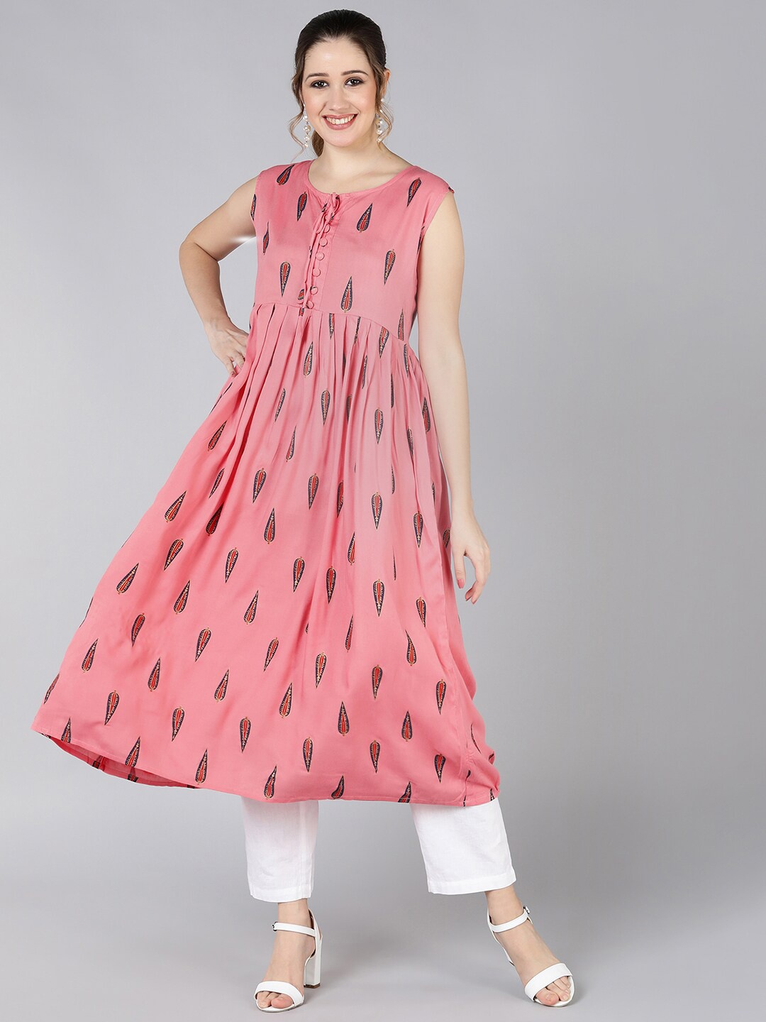 

Jaipur Folk Women Peach-Coloured Ethnic Motifs Printed Floral Anarkali Kurta
