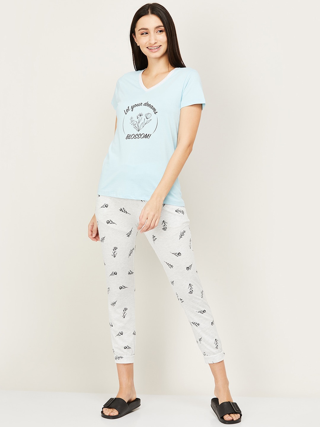 

Ginger by Lifestyle Women Grey-Melange & Blue Printed Pure Cotton Co-Ords