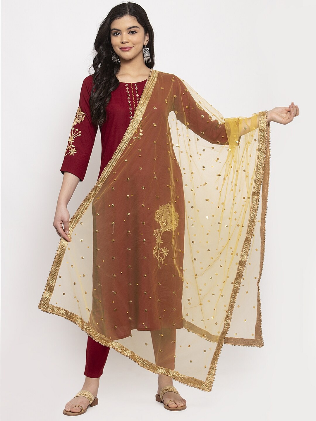 

Clora Creation Yellow Embroidered Net Dupatta