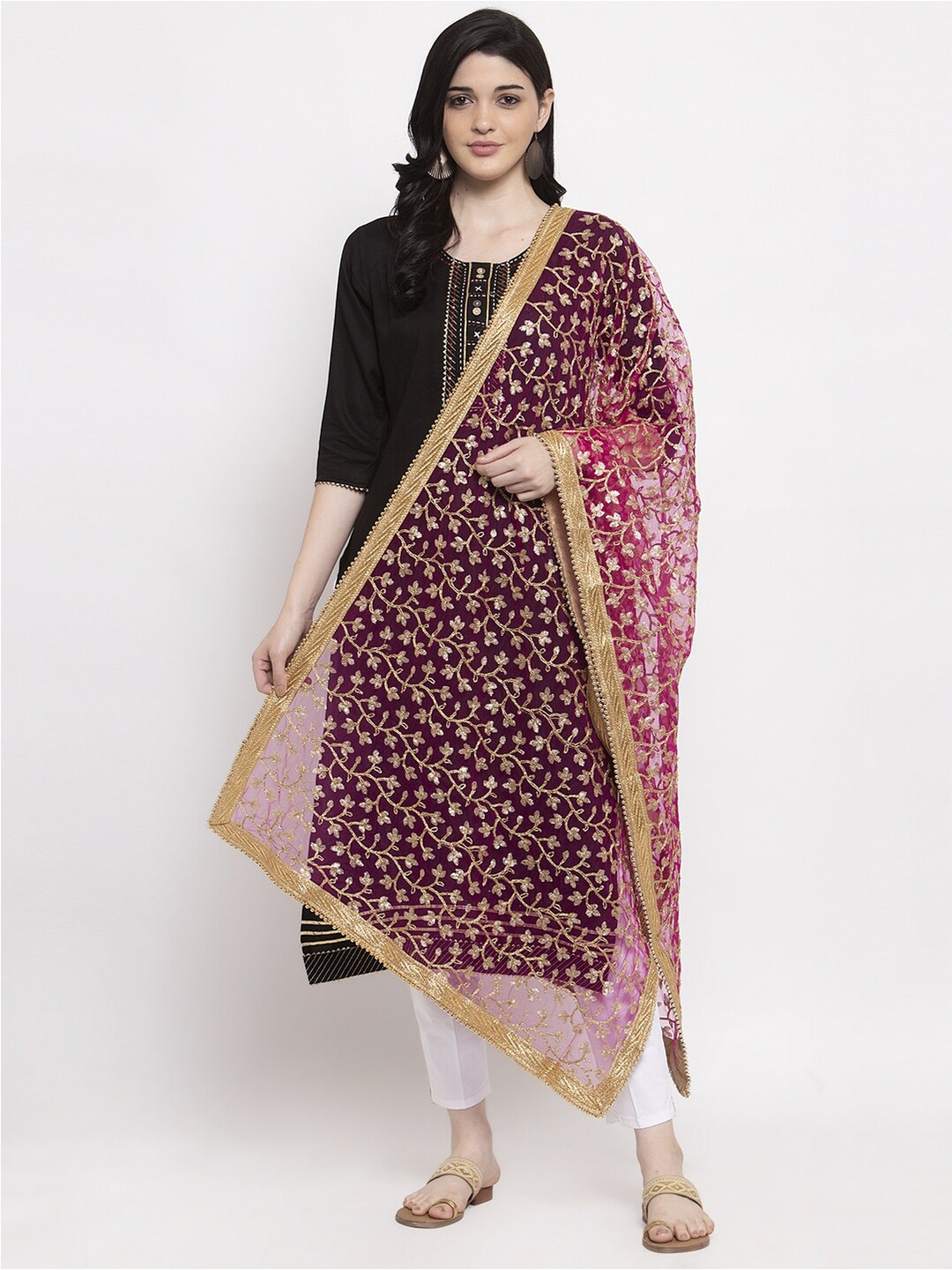 

Clora Creation Magenta & Gold-Toned Embroidered Dupatta with Sequinned