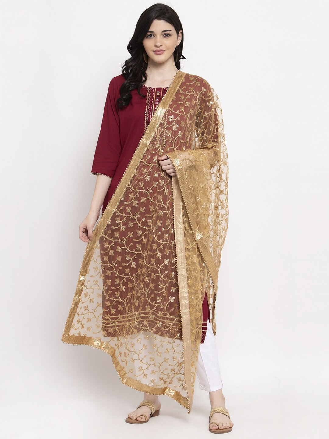 

Clora Creation Gold-Toned Embroidered Dupatta with Sequinned