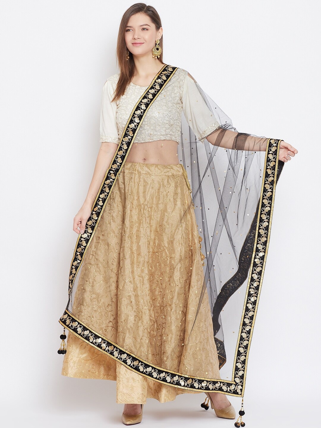 

Clora Creation Black & Gold-Toned Ethnic Motifs Dupatta with Sequinned