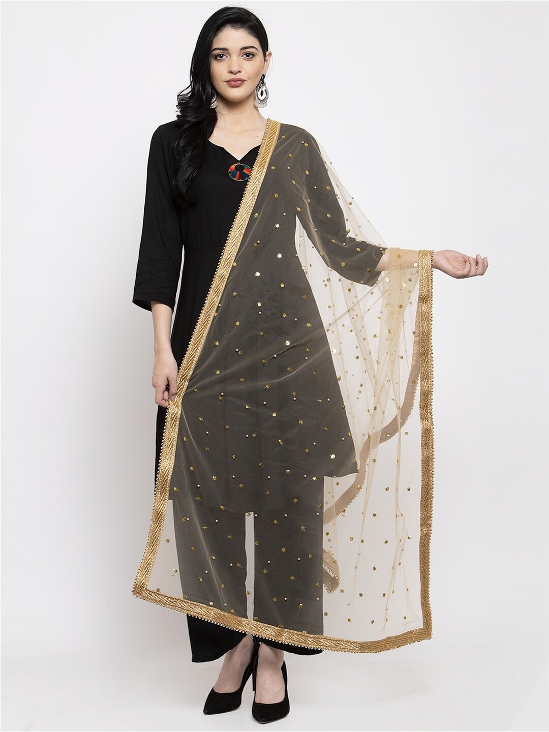 

Clora Creation Gold-Toned Embroidered Dupatta with Sequinned