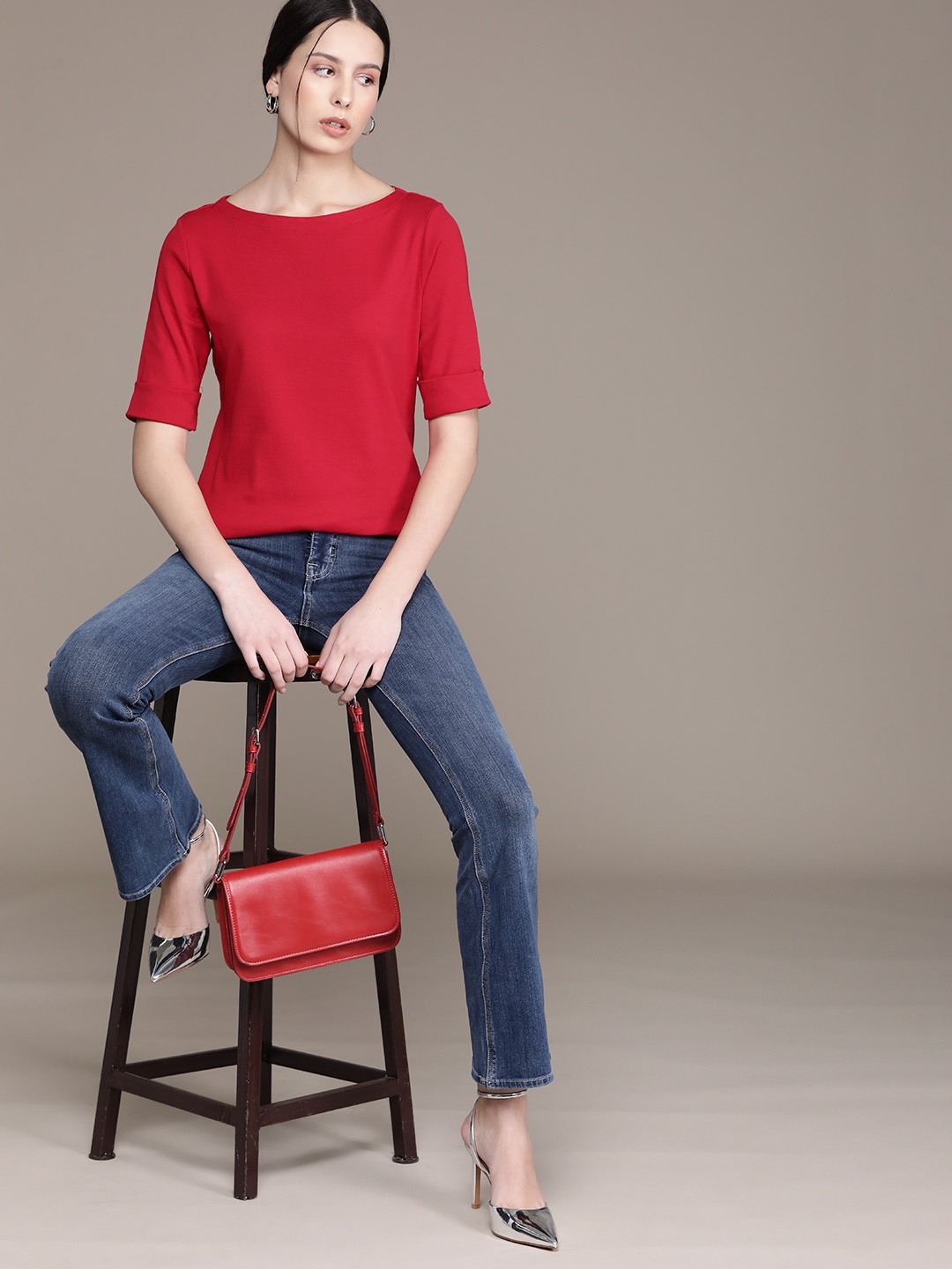 

Macy's Karen Scott Women Boat Neck Pure Cotton T-shirt, Red