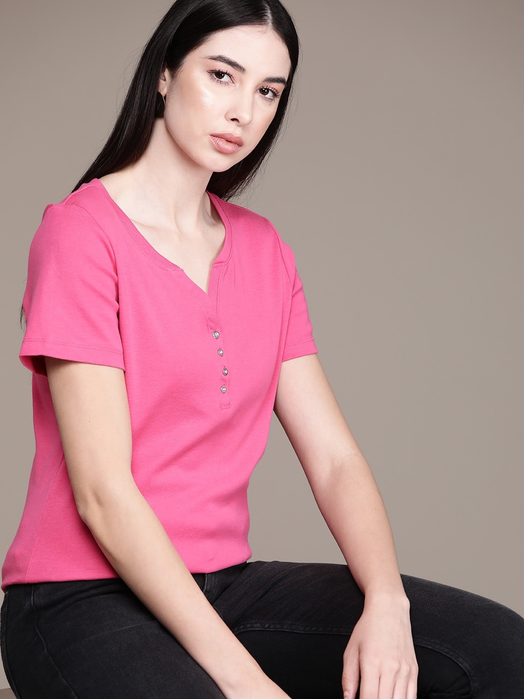 

Macy's Karen Scott Women Henley Neck Pure Cotton T-shirt, Pink