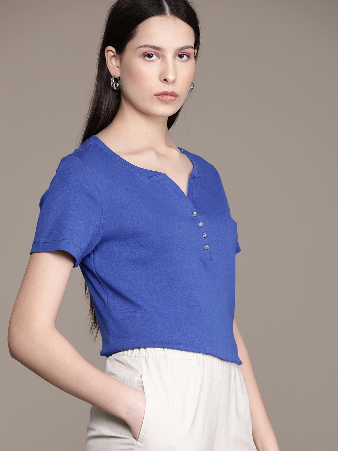 

Macy's Karen Scott Women Henley Neck Pure Cotton T-shirt, Blue