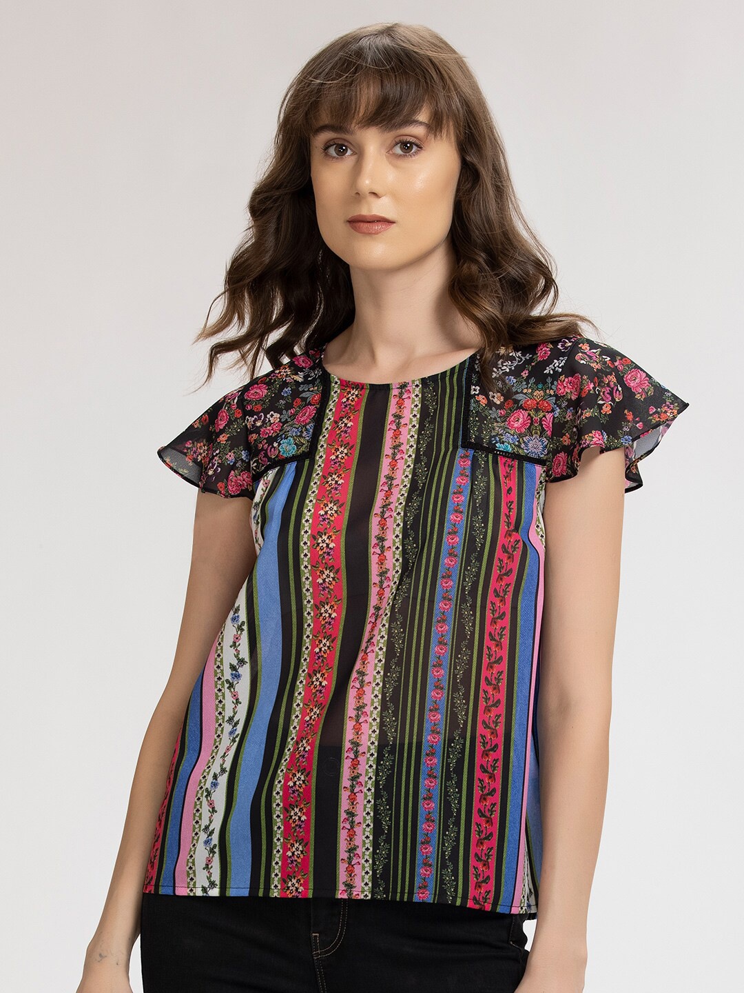 

SHAYE Women Green & Blue Cap Sleeves Print Fiona Top