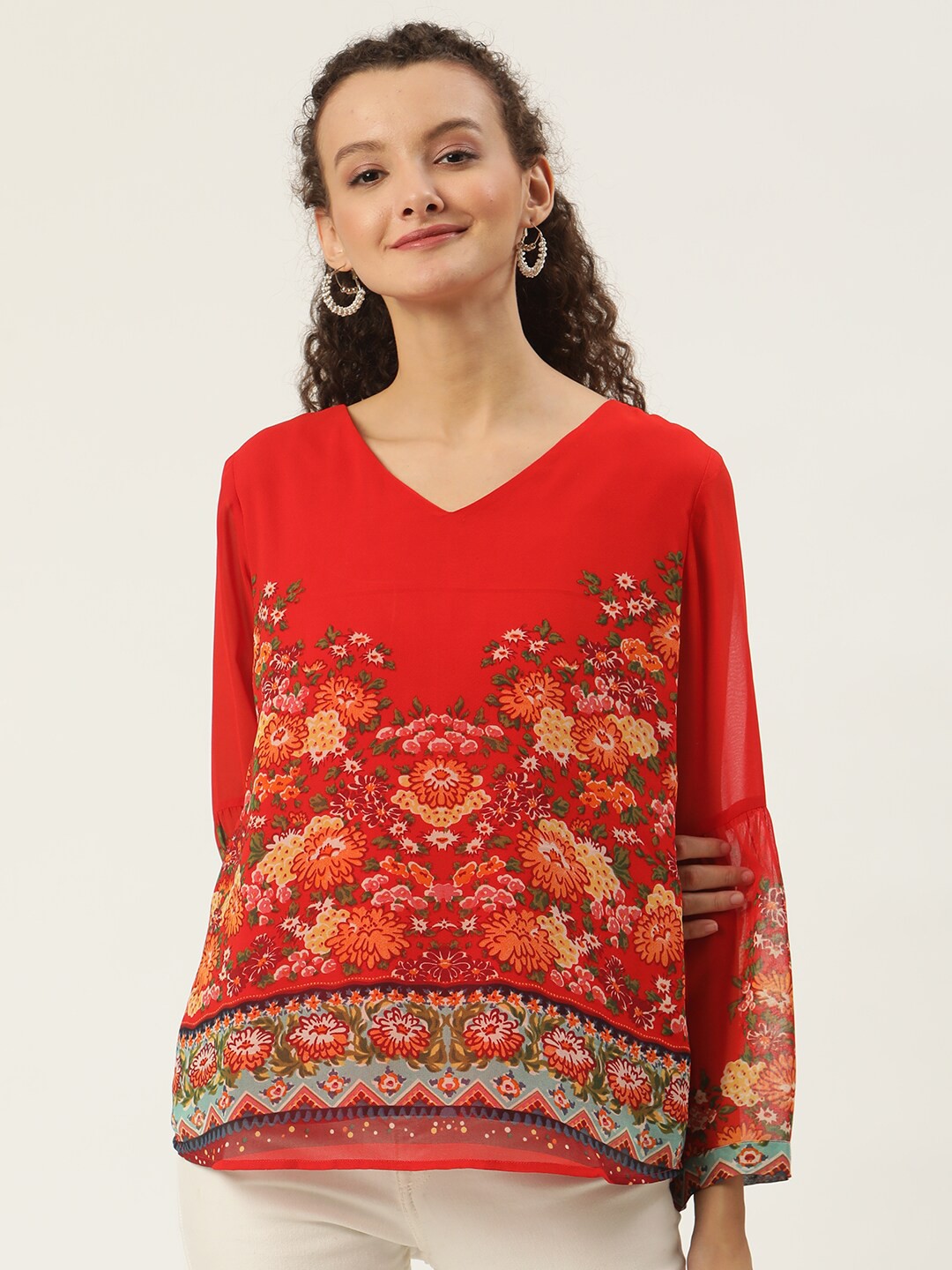 

SHAYE Red Floral Print V-Neck Crepe Rochelle Top