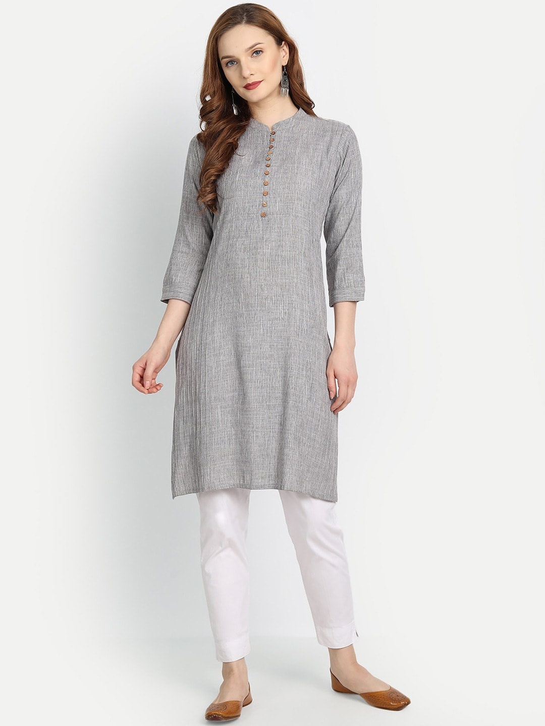 

fabGLOBAL Women Grey Solid Cotton Straight Kurta