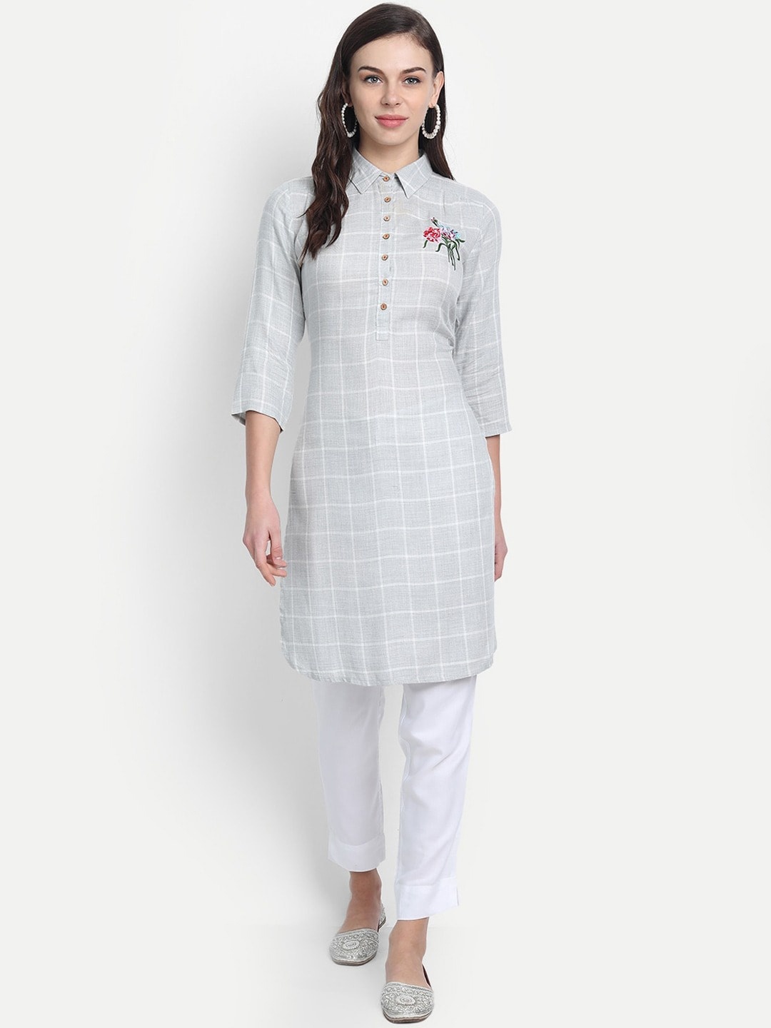 

fabGLOBAL Women Grey Checked Thread Work Pathani Kurta