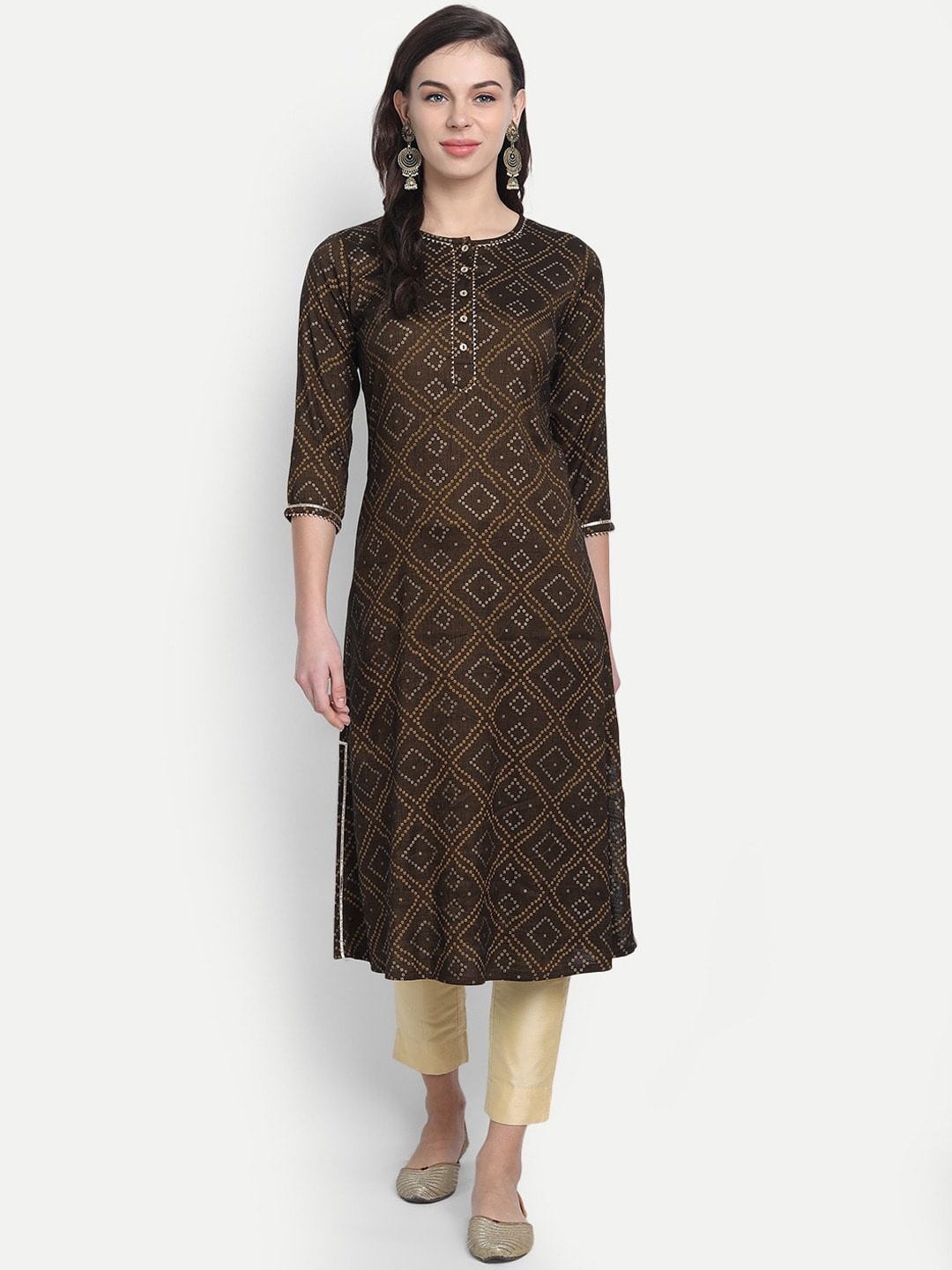 

fabGLOBAL Women Brown Geometric Printed Kurta