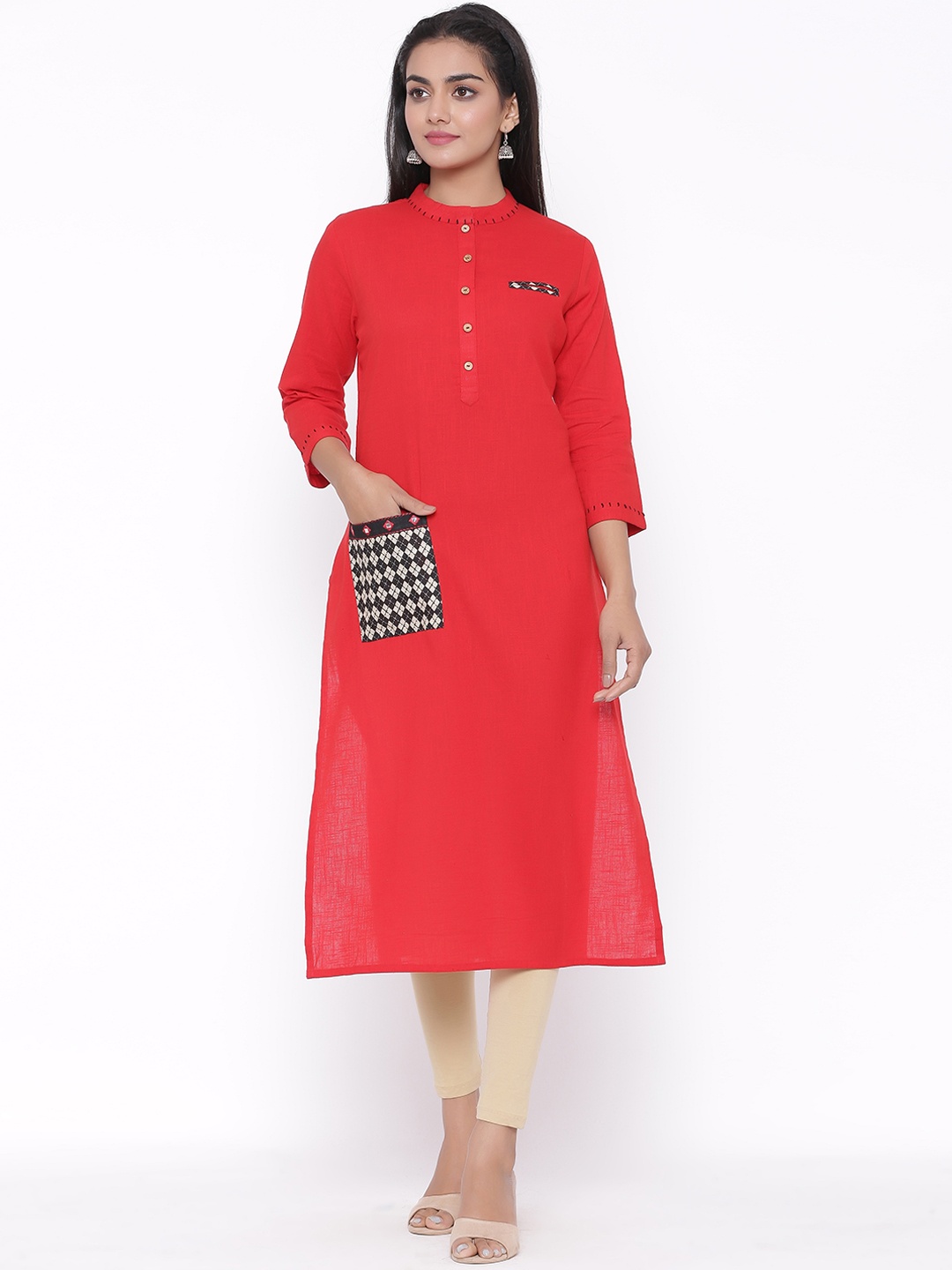 

fabGLOBAL Women Red Solid Straight Kurta