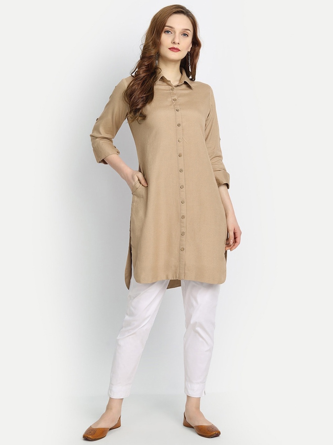 

fabGLOBAL Khaki Shirt Collar Solid Kurti