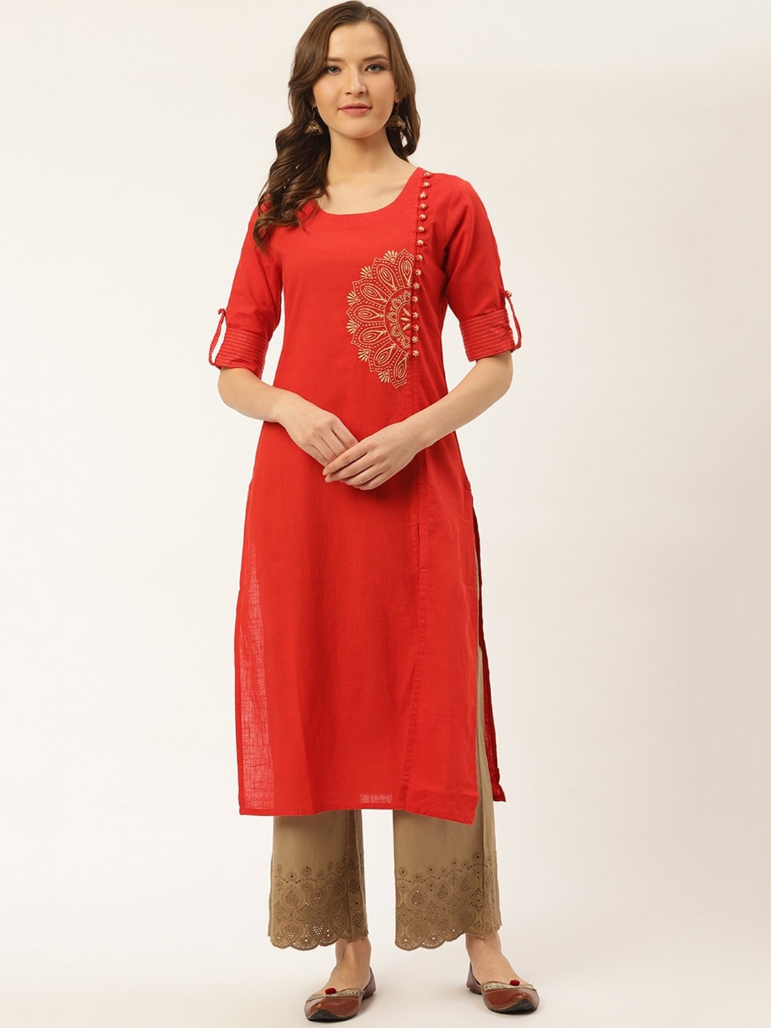 

fabGLOBAL Women Red Floral Thread Work Kurta