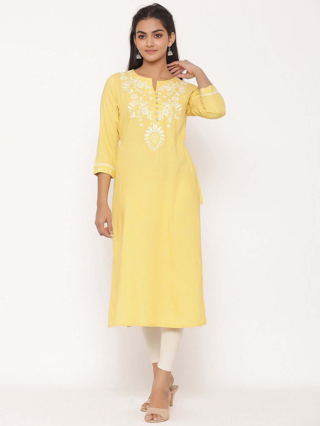 

fabGLOBAL Women Yellow Ethnic Motifs Yoke Design Keyhole Neck Thread Work Kurta
